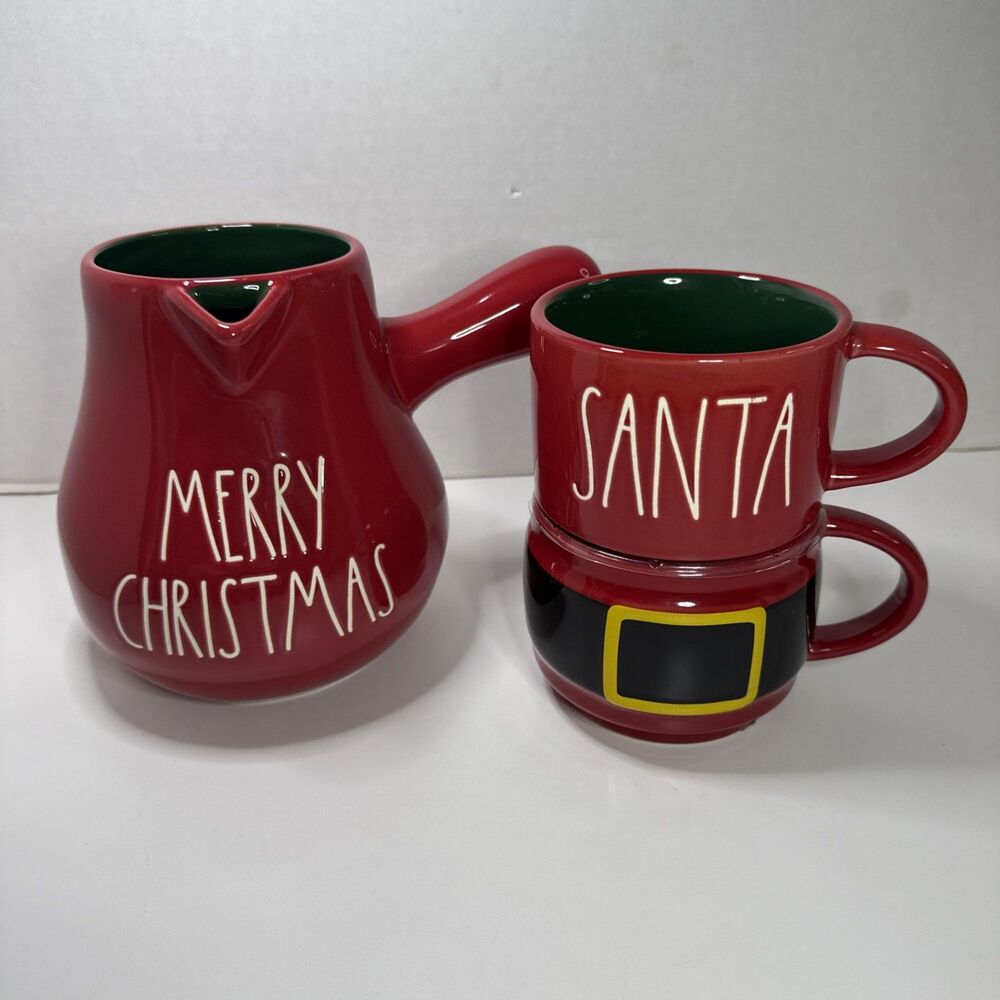RAE DUNN Merry Christmas Santa Cocoa Pot Hot Chocolate Pitcher Stacking Mugs Set